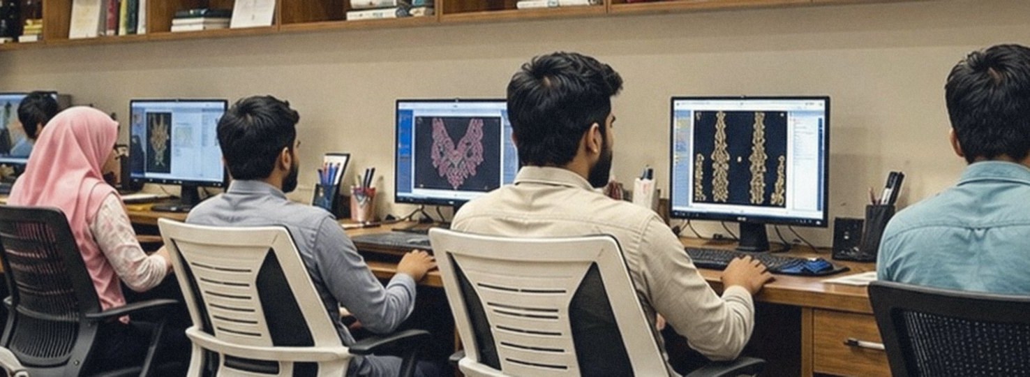 Designers at work on embroidery files in the Subhan Tex design studio