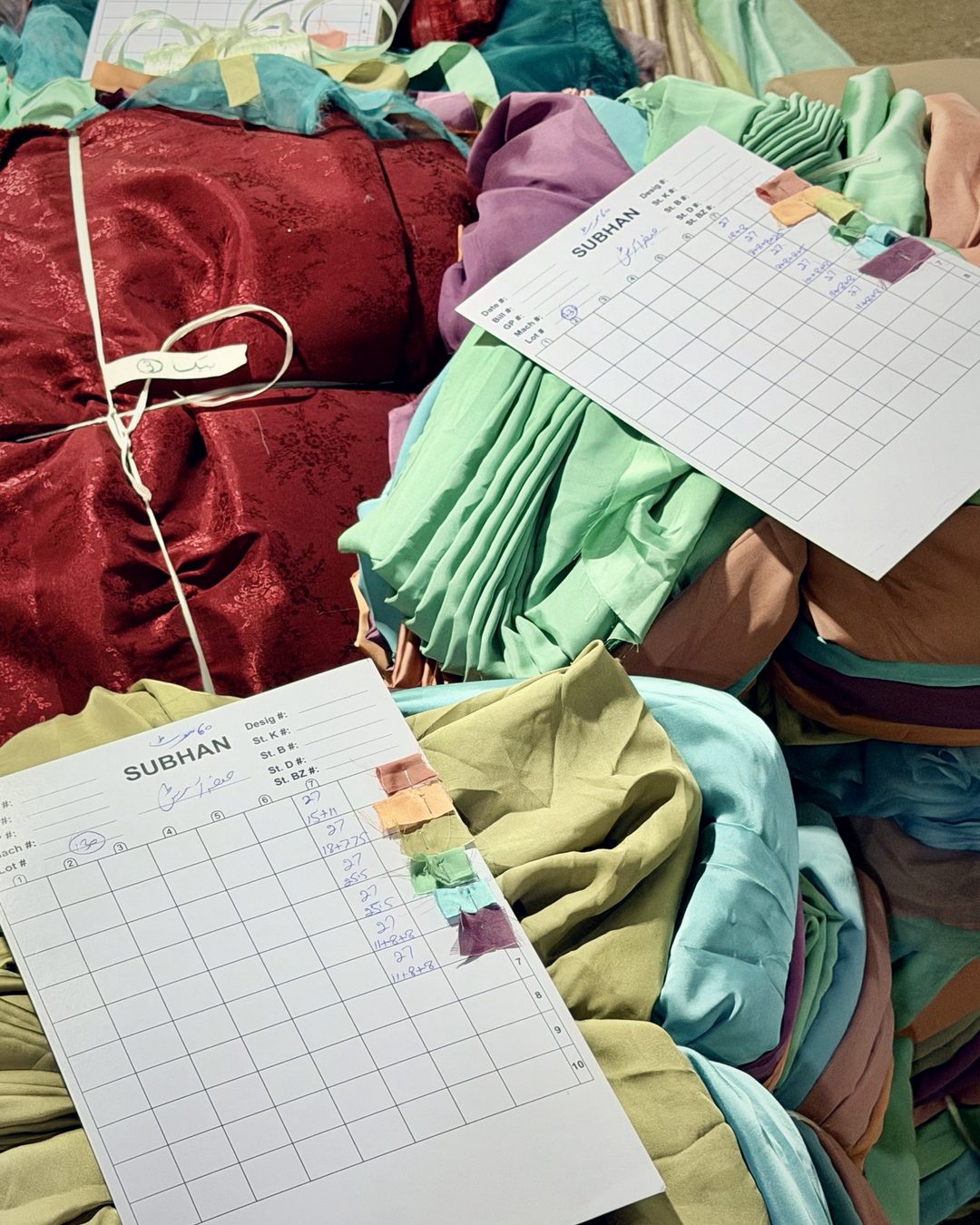 Subhan Tex job cards placed on sorted fabric lots