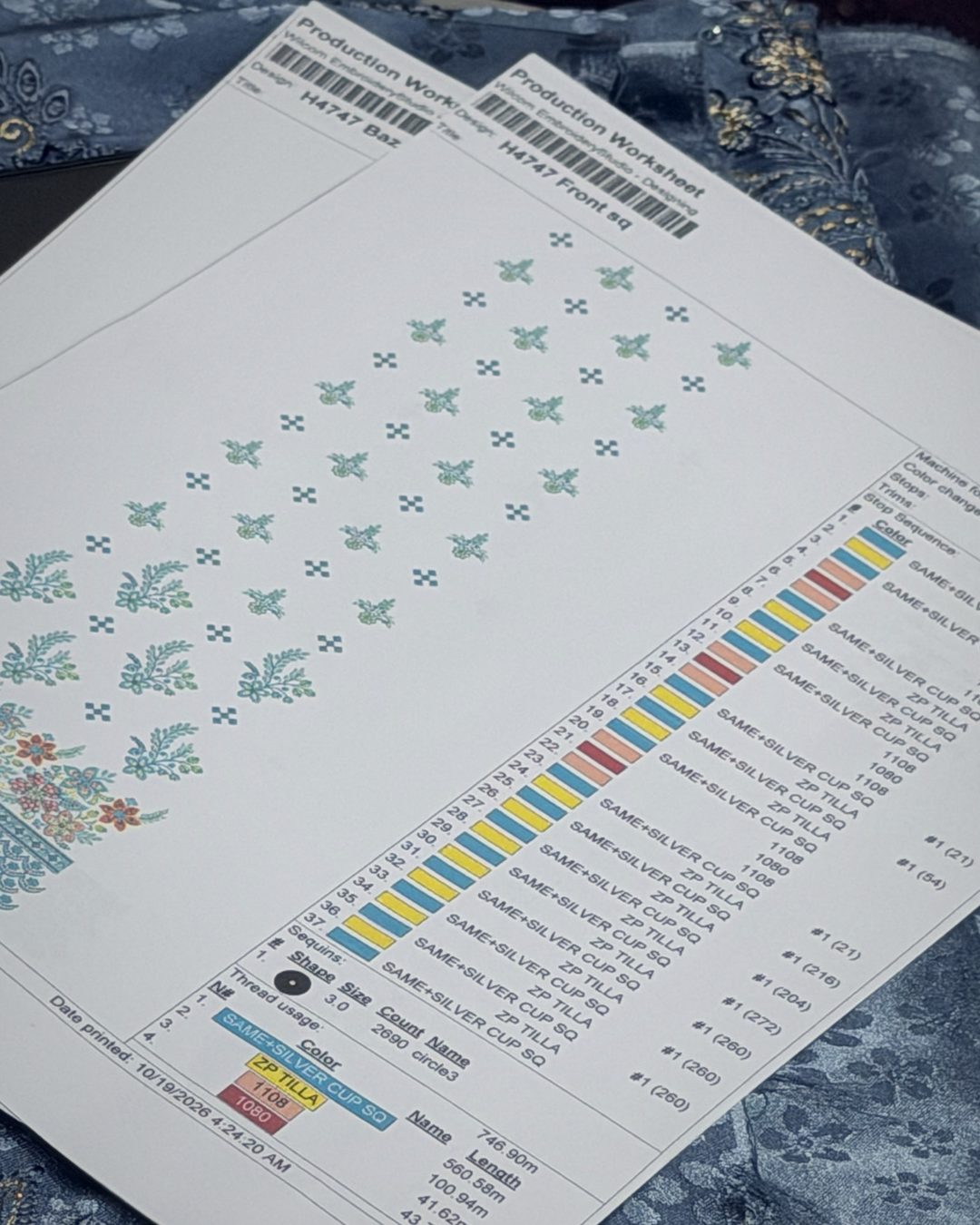 Wilcom production worksheet with colour sequence on jacquard fabric