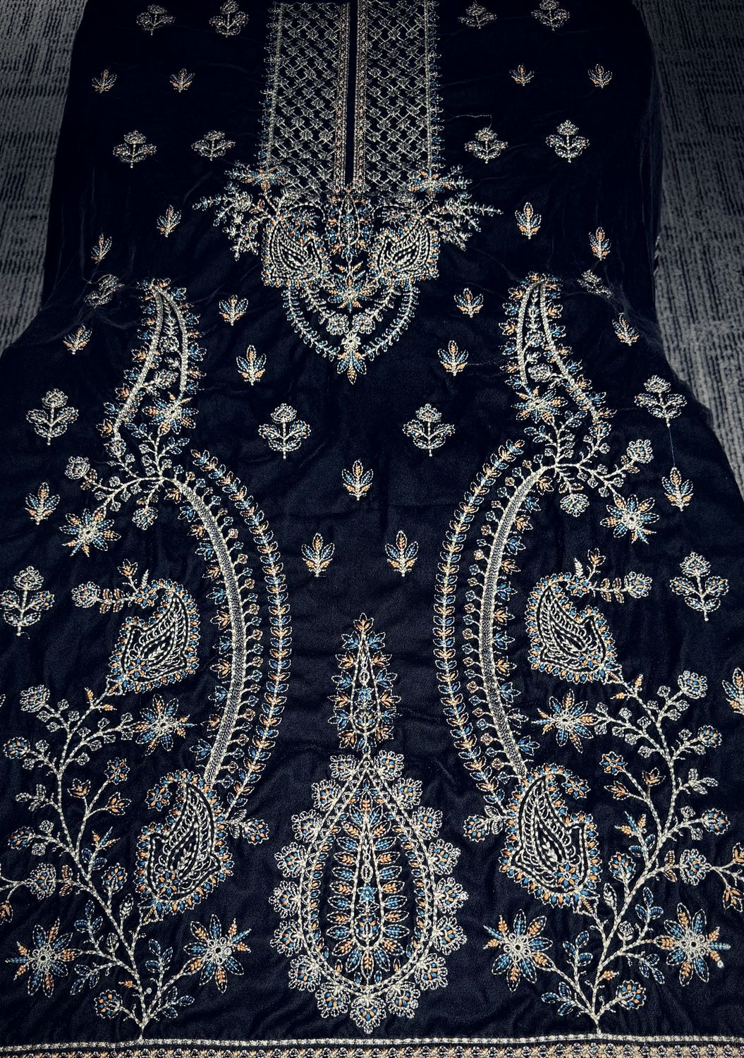 Paisley shirt front in silver, blue and copper thread on navy