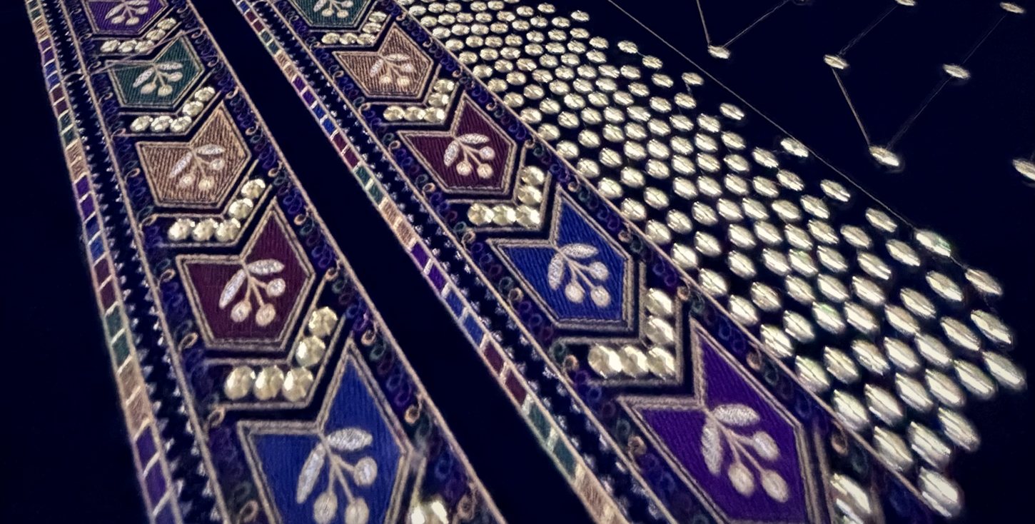 Sequin and multi-colour thread border on navy velvet