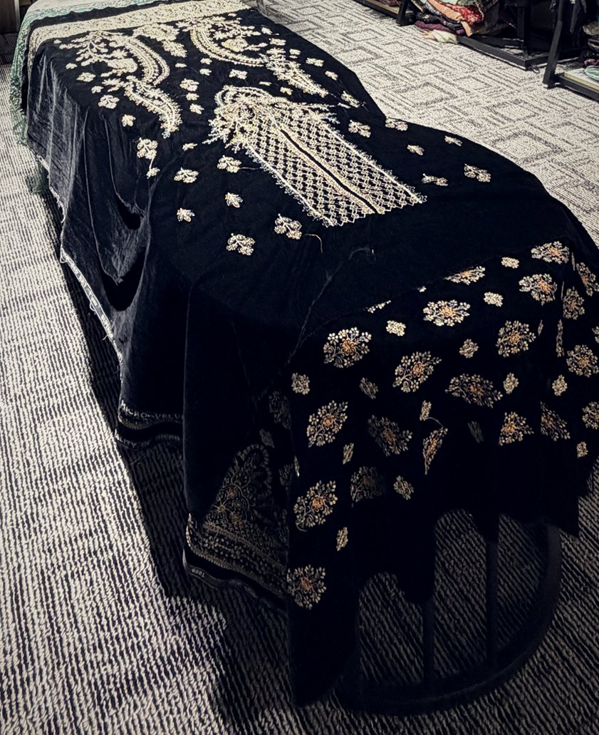 Black velvet panel with lattice and paisley embroidery in gold thread
